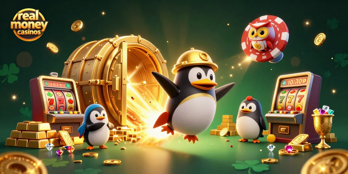 Engage in real money casinos featuring an adventurous penguin and vibrant casino elements.