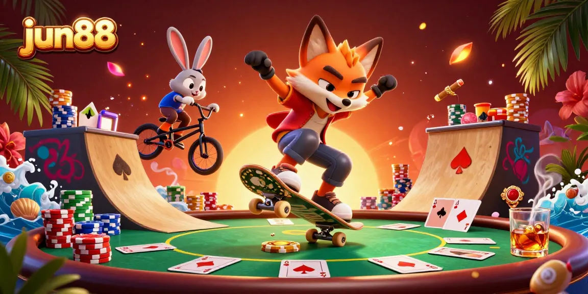 Experience excitement at jun88 with a cartoon fox and rabbit performing tricks over golden poker chips.