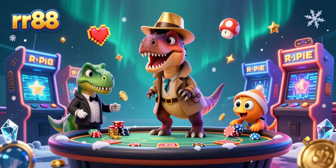Play slots and win with rr88 in a vibrant casino scene featuring fun cartoon dinosaurs.