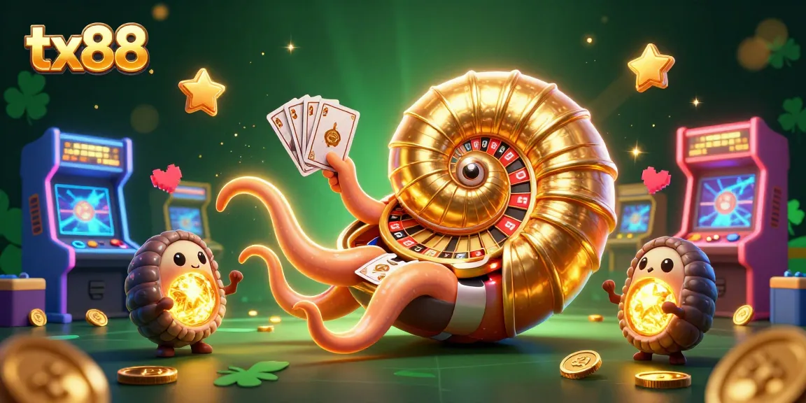 Engage with tx88 in this vibrant casino-themed 3D illustration featuring a giant nautilus and arcade elements.