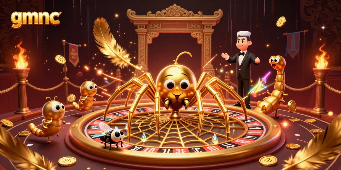 Place bets at the gmnc roulette wheel while a golden spider spins a web in this vibrant casino scene.