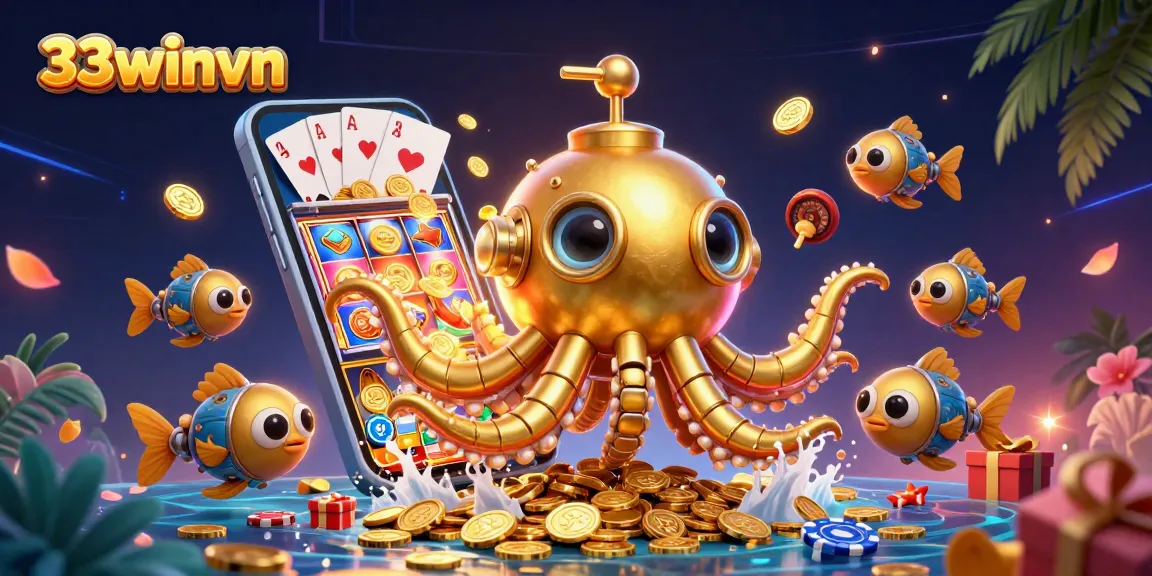 Experience thrilling gaming with 33winvn's golden kraken submarine exploring a sea of coins!
